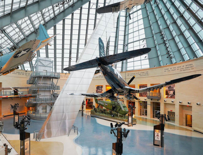 View of suspended airplanes in interior of National Museum of the Marine Corps